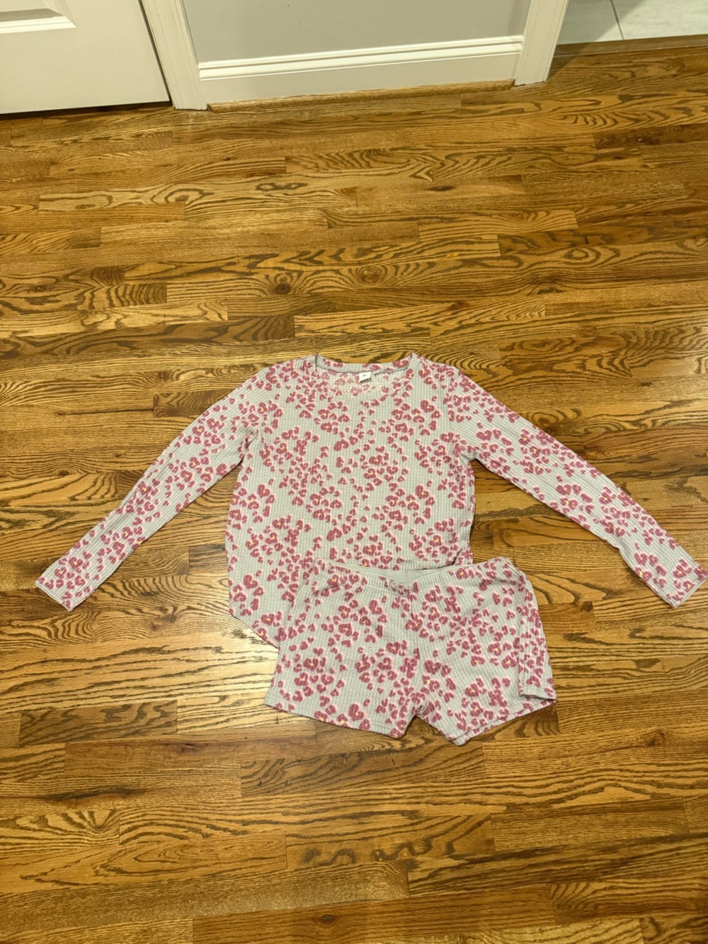 bp Pink Leopard Print Long-Sleeve Top and Shorts Set on White